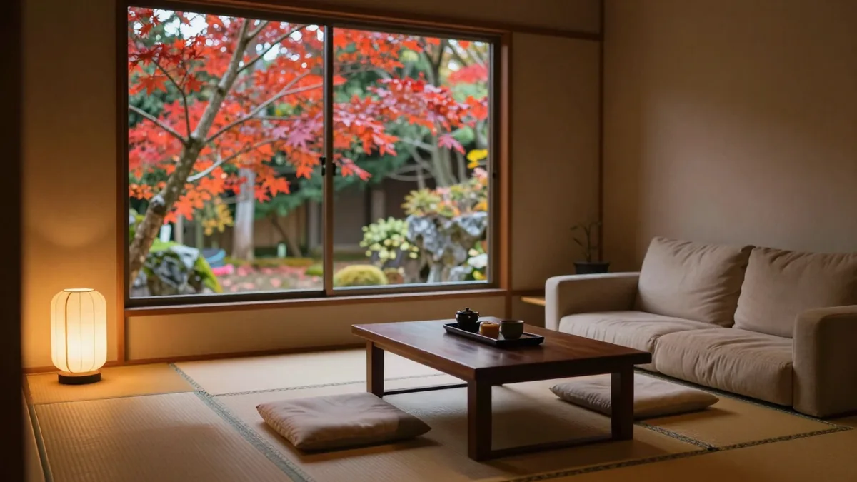 紅葉の庭を望む一棟貸し民泊の室内(こたつのある居間)