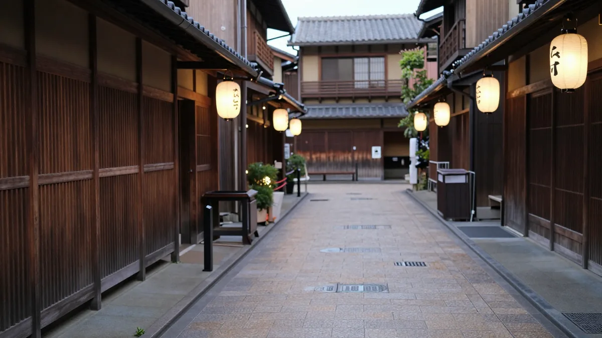 京都の町家が並ぶ夕暮れの通り