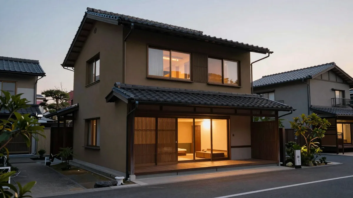 夕暮れの一棟貸し民泊の外観