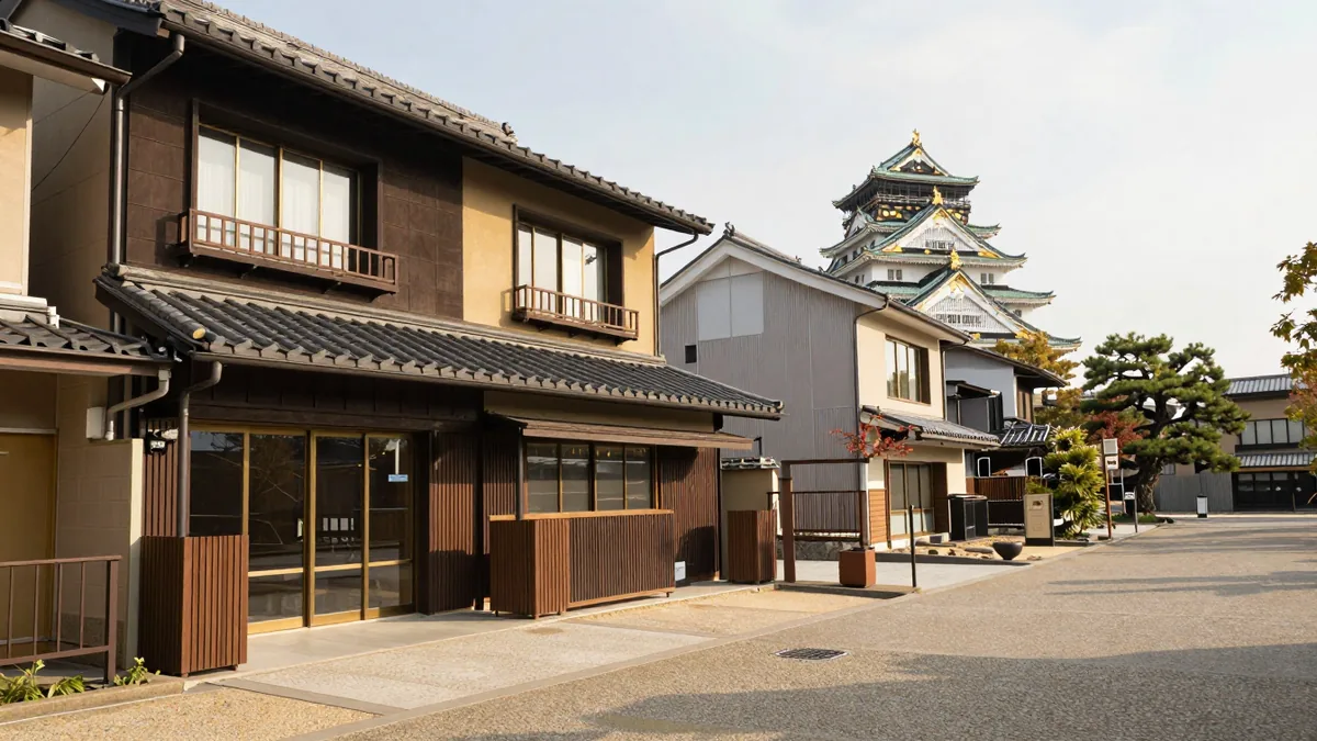 大阪の街並みと一棟貸し民泊の建物のイメージ