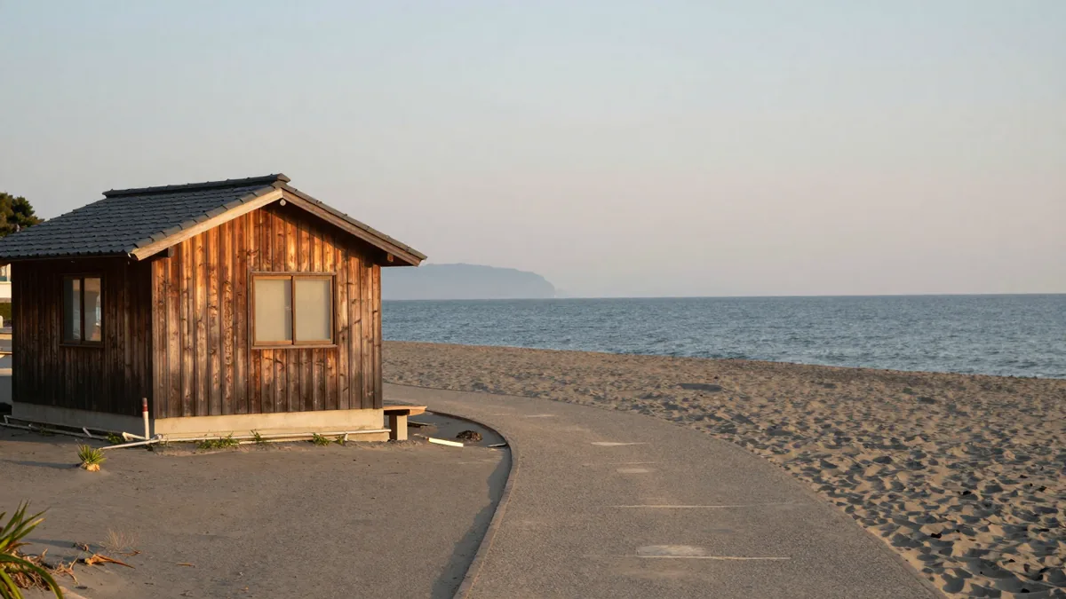 海沿いの一棟貸しを思わせる木造の建物と、夕方の砂浜に続く小道