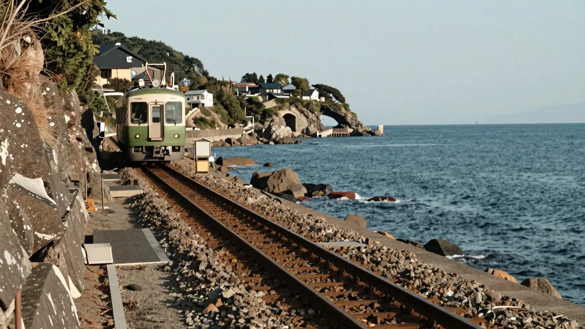 海沿いの岩場に沿って延びる単線の線路と、停車している小さな電車