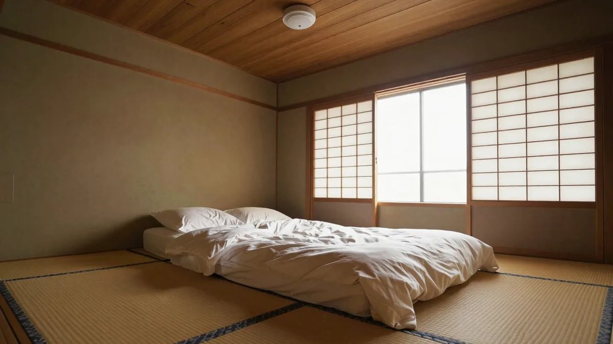 布団を敷いた和室の天井に火災警報器が付いているイメージ