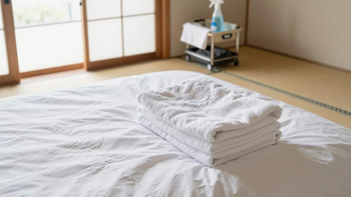 畳の客室に敷かれた布団とたたんだタオル、奥に清掃用のカート