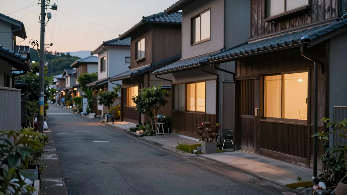 夕方の住宅街に並ぶ木造の家と小さな庭